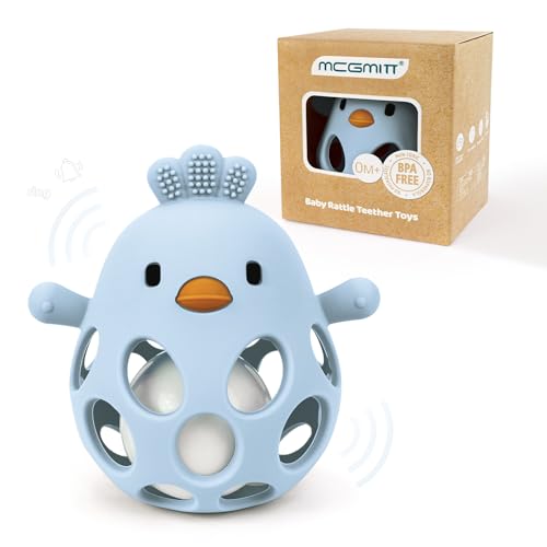 MCGMITT Baby Greifball Beißring aus BPA-freiem Silikon – Hühnchen-Rasselspielzeug Sensorik Motorik Spielzeug ab 3 6 9 Monaten Leicht zu Greifen Weich & Sicher Montessori Geschenkidee für Babys -Blau