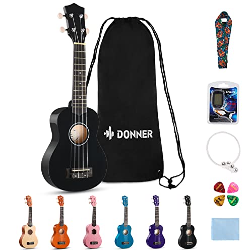 Donner Ukulele für Anfänger Sopran Ukulele 21 Zoll Schwarz Starter Kit mit Nylon Saiten Hawaii Gitarre