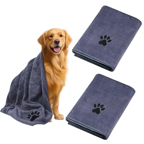 KENPOJO 2 Stück Hunde Handtuch 100 x 50 cm, Mikrofaser Hundehandtuch Extra Saugfähig, Handtuch Hund Schnelltrocknend Haustier für Katzen, Hunde Oder Andere Haustiere, Grau
