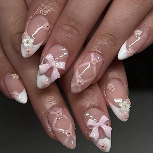 24 Stück Nägel Zum Aufkleben French - Falsche Nägel mit Blume Schleife Design - Elegant Mittel Press on Nails Mandel - Full Cover Künstliche Fingernägel Zum Aufkleben für Frauen Mädchen (Pink & White)