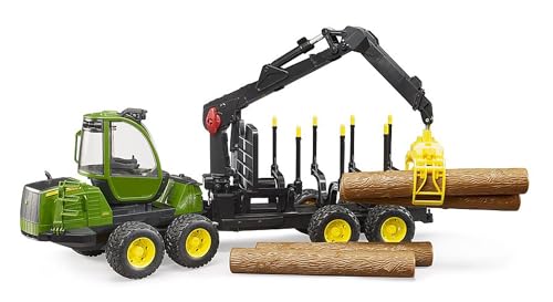bruder 02133 - John Deere 1210E Rückezug mit 4 Baumstämmen & Holzgreifer - 1:16 Fahrzeug, Bauernhof, Landwirtschaft, Forstwirtschaft, Waldarbeit, Traktor, Schlepper, Holztransporter, Spielzeug