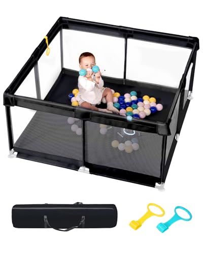 derimkcoa Laufstall Baby,Laufgitter Baby,Kinderzaun mit Atmungsaktivem Netz,Tragbarer Laufstall für Drinnen und Draußen(130x130x66cm,Schwarz)