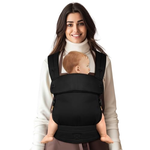 Tuocal Babytrage für Neugeborene bis Kleinkinder, Ergonomische Bequeme und Leichte Tragetuch, Verstellbare Kopf- und Nackenstütze, Verbesserte Lendenwirbelstütze für Babys 4-20 kg 3-36 Monate, Schwarz