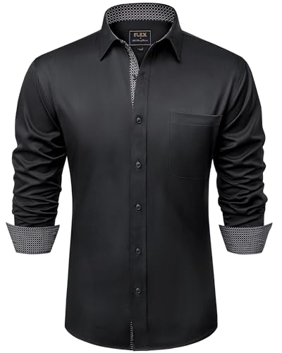 siliteelon Hemd Herren Langarmhemd Schwarz Regular Fit Knitterfrei Anzug Hemd Elegant Musterhemd für Alltägliche Büro Arbeit XL