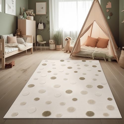 Paco Home Kinderteppich Moderner Spielteppich Kinderzimmer 3D-Effekt Naturtöne weicher Flor robust & pflegeleicht Schlingenstruktur Punkt-Motiv Beige Braun Creme, Grösse:120x160 cm