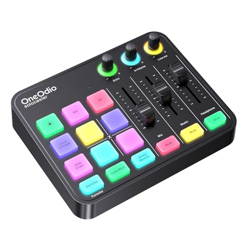 OneOdio Solocaster Gaming Audio-Mixer – 5-Kanal-Interface mit 48V Phantomspeisung, Bluetooth, RGB-Beleuchtung, 3,5-mm-/XLR-/USB-C-Anschlüssen, für Streaming/Podcast/Karaoke auf PC und Mobilgeräten