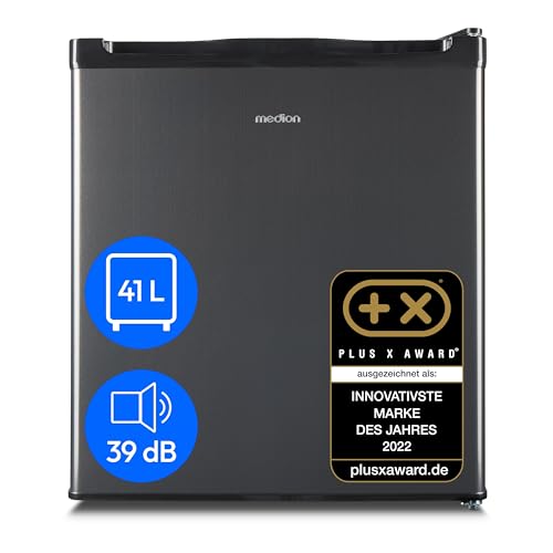 MEDION mini Kühlschrank mit Gefrierfach (klein, leise, 41L kleiner Kühlschrank für Büro Hotels Minibar Camping Gaming, Getränkekühlschrank, Speisen & Eis, Türanschlag wechselbar, MD37724) grau