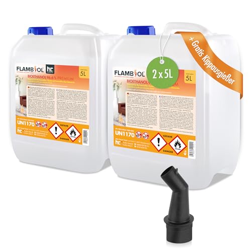 Höfer Chemie 2 x 5 L (10 Liter) FLAMBIOL® Bioethanol 96,6% Premium für Ethanol Kamin, Ethanol Feuerstelle, Ethanol Tischfeuer und Bioethanol Kamin