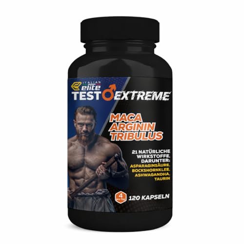 Italian Elite Testo Extreme – 120 Kapseln mit Maca 8000 mg. Natürliches Nahrungsergänzungsmittel für Männer mit Tribulus, Bockshornklee, Zink, Arginin, Ashwagandha, Vitaminen und Mineralstoffen.