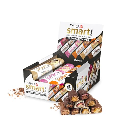 PhD Nutrition Smart Bar Protein Riegel 12 x 64g Gemischte Sorten - High Protein Snack mit 20g Eiweiß und wenig Zucker, Makrofreundlicher Eiweißriegel