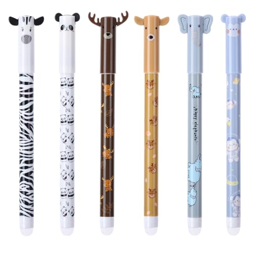 Thboxes 6 Stück Radierbarer Kugelschreiber, 0,5mm Gelstifte Radierbar Tintenroller Radierstift Radierbare Stifte Tiere Erasable Pen für Schulsachen Bürobedarf (Schwarzer, Blauer)