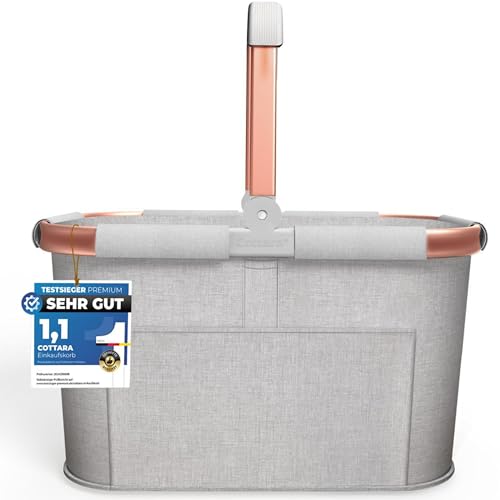 Cottara 30l stabiler Einkaufskorb groß | Tragekorb mit Henkel und verstärktem Boden, Frontfach und Innentasche mit Reißverschluss | Ideal als Einkaufstasche, Picknickkorb oder Shopper (Hellgrau Rose)
