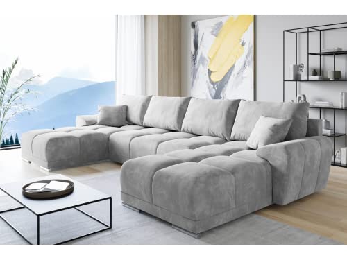 Easy London Velvet Ecsofa in U Form Hellgrau – Couch mit Stauraum und Kissen - Ausziehbares Sofa mit Schlaffunktion - Schlafsofa mit Bettkasten – Gästebett – 365 x 189 cm