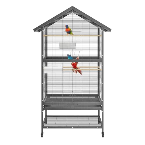 Thaookte Vogelkäfig Groß, Papageienkäfig Mit Sandschublade, Voliere Auf Rollen, Birdcage Mit 3 Sitzstangen, Vogelvoliere Mit Rollen, 80 x 60 x 167 cm, Nymphensittich Käfig, Vogelkäfig Wellensittich