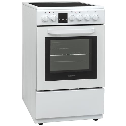 Telefunken Standherd mit Glaskeramik-Kochfeld | Elektroherd freistehend 50 cm breit | Herd mit Backofen und Kochfeld | 55 Liter | 5 Betriebsarten | 4 Kochzonen | LED-Display | EEK A | Weiß | BSHC55AI