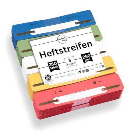 perfect line - 250 Heftstreifen Pappe, Aktendulli aus recycling Karton, 5 Farben, Abheftstreifen - made in Germany, Heftlaschen Blauer Engel zertifiziert