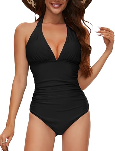 Badeanzug Damen Bauchweg mit Cups Shape Push Up Badekleid, Badeanzüge Sexy Monokini V-Ausschnitt Swimsuits for Women, Bademode Shapewear Frauen große größe High Waist Schlankheits Raffung Einteilige