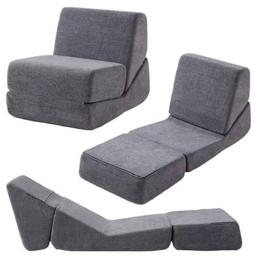DRIXNO Faltbares Schlafsofa, Sitzsack Sofa Bodensofa, Loungesessel Moderne, Kleine Couch Schlafsessel für Erwachsene, Platzsparende 2-in-1 Klappmatratze für Wohnzimmer, Schlafzimmer, Balkon, Grau
