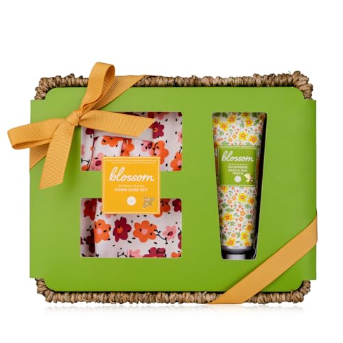 Accentra Badeset BLOSSOM im Seegraskörbchen für Frauen, 2-teiliges Pflegeset mit Hand- & Nagelcreme (30ml) & Gartenhandschuhen, Duft Wildflower Meadow, Wellness Geschenkset zum Muttertag, Geburtstag