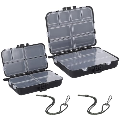 2 Stück Köderbox Angeln, Schwarze Mini Angelzubehör, Angelbox, 7 Fächer und 9 Fächer Angelkoffer, Angel Zubehör für Aufbewahrung von Ködern