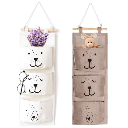 2 pcs Hängeorganizer, Hängeaufbewahrung Wandregal,Wand Hängen Tasche,Hängender Organizer mit 3 Taschen,Hängende Tasche für Kinder,Stoff hängende Tasche,Faltbare Hängetasche (weiß grau)