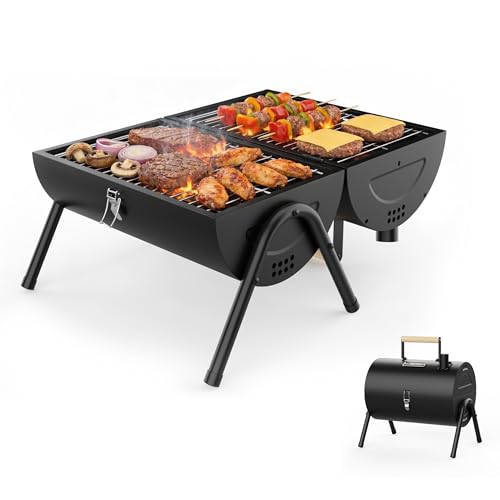 KOBEDAN Camping Grill Tischgrill Holzkohle und vielseitiger Holzkohlegrill mit 2in1 Funktion als Grill und Ofen inklusive Temperaturkontrolle und kaltem Holzgriff für Camping Outdoor und Garten