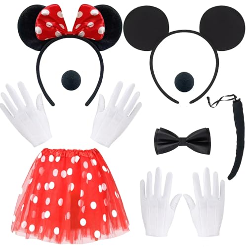 BITOWO Mouse Kostüm Damen Erwachsene mit Mini Mouse Ohren Haarreif Rock Rot Nase Handschuhe Schwanz Schleife Mini Mouse Kostüm Damen Frauen Mini Maus Kostüm Damen Erwachsene Fasching