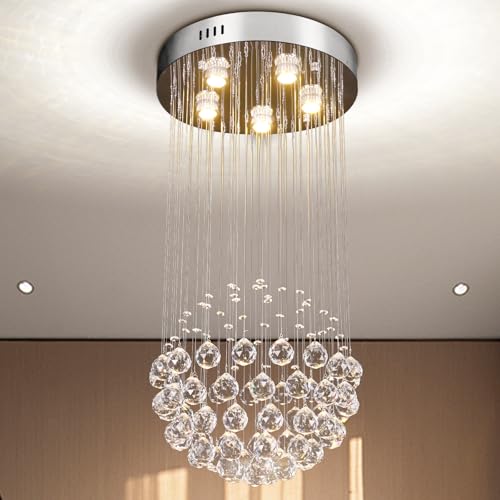 FRIXCHUR Kristall Kronleuchter Moderne Runde Regentropfen Kronleuchter Beleuchtung Flush Mount Deckenleuchte Kristall Regentropfen Hängeleuchte für Wohnzimmer Esszimmer, 5*GU10 Birnen