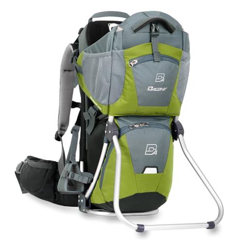 Kraxe Kindertrage Dacony, inklusive einem Paar Fußstützen mit Fersenarretierung, für das Tragen auf dem Rücken- Kindertragerucksack mit Rahmen- bis 25 kg- geeignet für alle Körpergrößen (Lime Green)