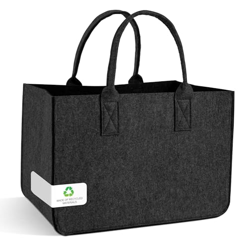 Einkaufskorb Filzkorb 30L XXL Filztasche groß faltbar Einkaufstasche mit Griffen Robuster Tragekorb aus 4mm Filz, Shopping Bag, Korbtasche für Einkaufen, Auto, Picknick & Haushalt Dunkelgrau & Schwarz
