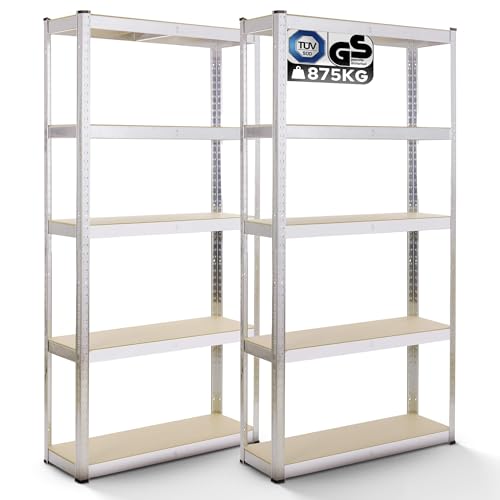 Arebos 2er Set Schwerlastregal 180 x 90 x 40 | 875kg Tragkraft | 0,63 mm | 5 verstellbare MDF-Platten Regal Lagerregal Kellerregal Steckregal Werkstattregal verzinkt