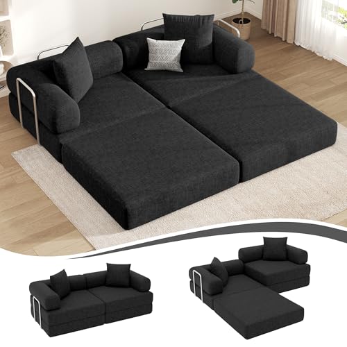 DURASPACE 199cm Schlafsofa, klappbare Matratze mit festem Rahmen, bequemer ausklappbarer Futon, modularer Loveseat ohne Federkern für das Wohnzimmer (Chenille-Schwarz)