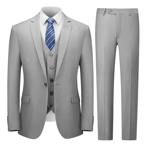 Cooper & Nelson Herrenanzug Slim Fit 3-teilige Anzüge für Herren EIN-Knopf Solid Jacke Weste Hose mit Krawatte Smoking Set, Li Grey, L