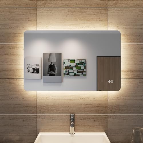 SONNI Badspiegel Lichtspiegel LED Spiegel Wandspiegel mit Touch-Schalter 80 x 50cm Kaltweiß/Neutralweiß/Warmweiß IP44 energiesparend