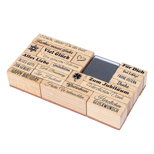 Ideen mit Herz Stempel-Set | Anlässe | 24-teilig | 23 Stempel mit Schriftzügen und Motiven, 1 Stempelkissen schwarz | Handlettering | für Scrapbooking, Basteln, DIY, Grußkartengestaltung