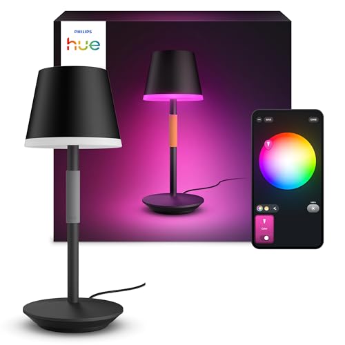 Philips Hue White & Color Ambiance Go Tragbare Tischleuchte (530 lm), dimmbare LED Leuchte für das Hue Lichtsystem mit 16 Mio. Farben, smarte Lichtsteuerung über Sprache oder App, schwarz