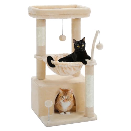 PAWZ Road Kleiner Katzenbaum für Indoor-Katzen mit Hängematte, Katzenturm mit Sisal-überzogenem Kratzbaum, großer oberer Sitzstange, Katzenkratzbaum, Beige 83 cm