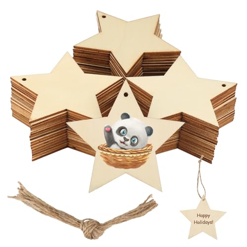 50 Stück Holzsterne Deko, 8cm Sterne Basteln, Holzsterne Zum Basteln, Sterne Holz mit Juteseil, Holzsterne Zum AufhäNgen für Christbaumschmuck Holz, Hochzeitsdekoration, DIY Handwerk (Stern)