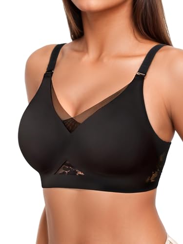 SHARICCA Damen BH ohne Bügel Push-Up Spitzen-BH Nahtloser T-Shirt BH mit Vollbügel Weicher Wireless Bralette Atmungsaktiv für Alltag Schlaf,Schwarz,XL