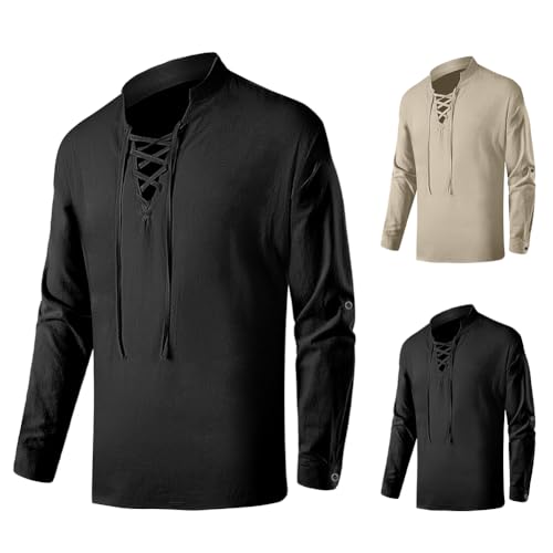BSBUY Mittelalter Hemd Herren Piratenhemd Langarm Freizeithemd Herren Hemd 100% Baumwolle Traditioneller Retro-Stil Hemd Mittelalter Kostüm Wiking Halloween Ritterhemd Renaissance Hemden Schwarz 3XL