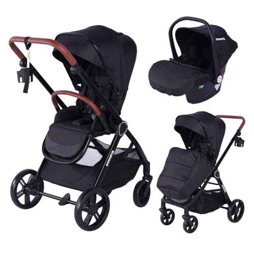 Barmøya 3-in-1 Kombi-Kinderwagen Komplettset mit Babywanne, Buggy & Babyschale – höhenverstellbar, faltbar, schwenkbare Räder, Federung & umfangreichem Zubehör (Schwarz)