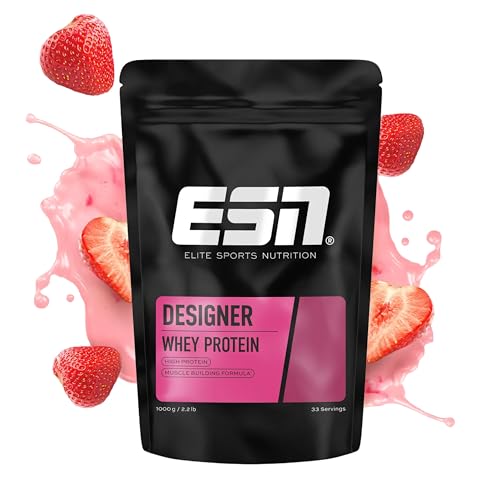 ESN Designer Whey Protein Pulver, Strawberry, 1 kg, bis zu 23 g Protein pro Portion, ideal zum Muskelaufbau und -erhalt - made in Germany
