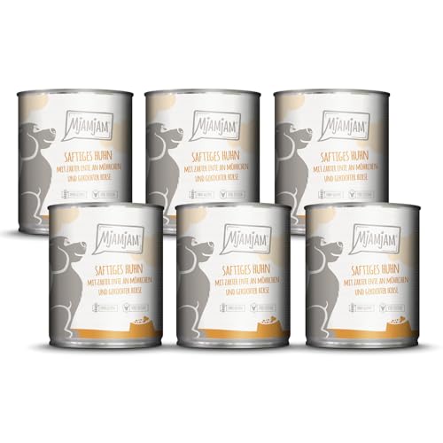 MjAMjAM - Premium Nassfutter für Hunde - saftiges Huhn mit zarter Ente an Möhrchen und gekochter Hirse, 6er Pack (6 x 800 g), naturbelassen mit extra viel Fleisch