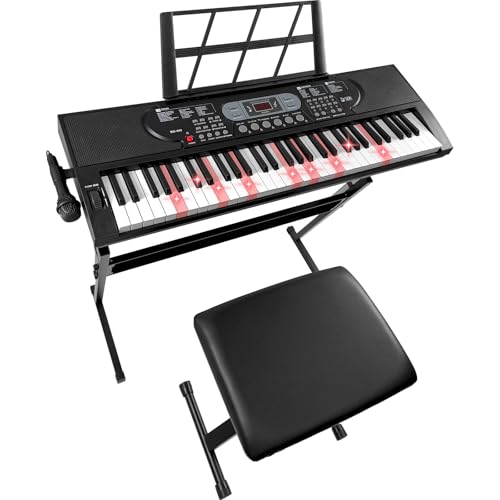 Jacgood Keyboard Piano 61 Tasten mit Leuchttasten, E Piano für Anfänger, Digitalpiano mit Klavierhocker, Keyboardständer, Notenständer, Mikrofon, mit USB, MIC, AUX & Kopfhörer Anschluss, 3 Lernmodi