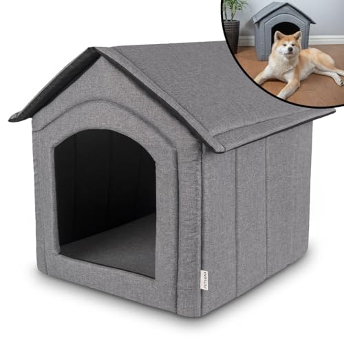 Petsona Hundehöhle Hundehütte Faltbare Mit Herausnehmbarem Dach Hundehaus Hundebett Katzenbett Haustierbett Schlafplatz Größe XXL, Grau
