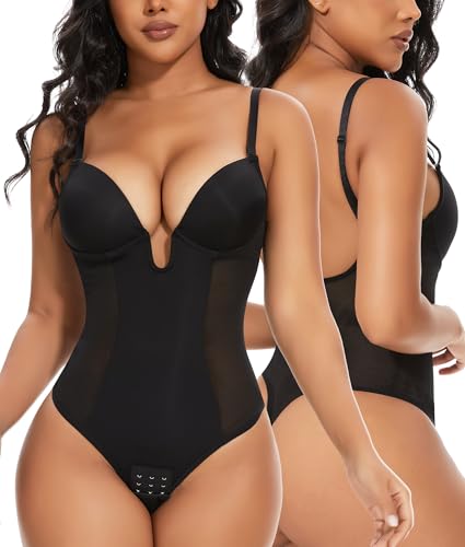 SHAPERIN Rückenfrei Formende Bodysuit Damen Shapewear Bauchweg Body mit Push Up BH Body Shaper Tiefer U Ausschnitt Schwarz M