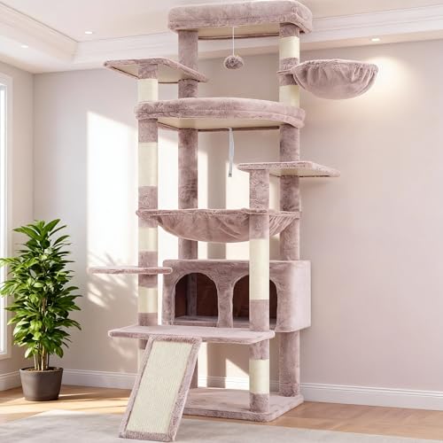 Heybly Kratzbaum, 202 cm Kratzbaum Groß Mit 2 Extragroßen Kuschelplattformen, Kratzbrett, Großem Höhlen, Korbt, Sisalstamm, Hängematte, Geeignet Für Erwachsene Katzen, Braun-beige HCT038MU