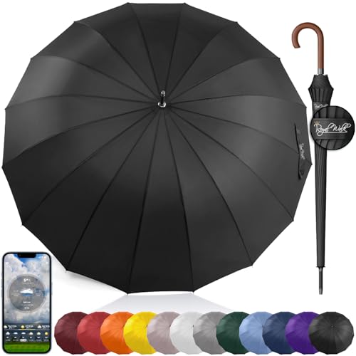 Royal Walk Groß XXL 54 inch Automatik Reise Golf Regenschirm für Damen und Herren Sturmfest Windsicher Leicht Klassisch für 2 Personen Holzgriff Wasserabweisend 16 Rippen Unisex 120cm (Schwarz)