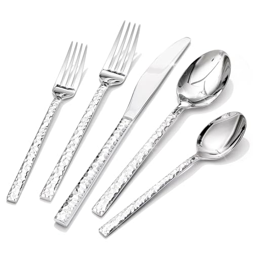 HIKAA Besteck Set 6 Personen aus Gehämmert, 30-Teilig Essbesteck 18/10, Edelstahl Besteckset für Zuhause, Partys, Hochzeiten, Cutlery Set Hochglanzpoliert Spülmaschinenfest, (Silber)