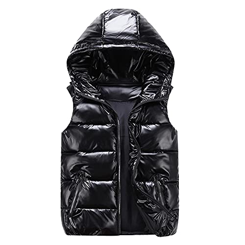 cutecool Steppweste Glänzend Damen - Ärmellose Steppjacke Einfarbige Weste Reißverschlusstasche Casual Kapuzenjacke Unisex Winterjacke Hooded Outdoor-Weste Puffer Jacke Schwarz